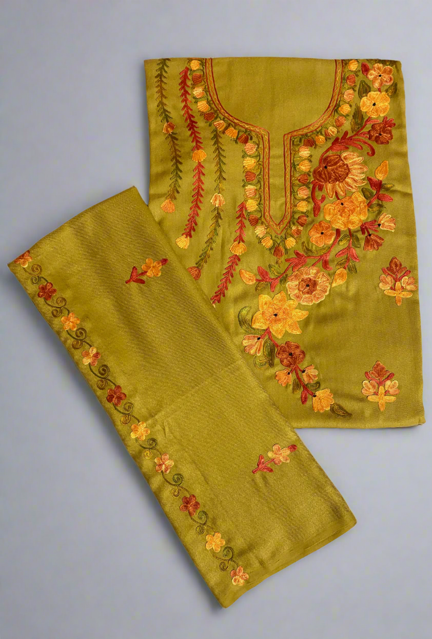 Mustard Semi-Pashmina Handwork Embroidery Suit Set 4.5m Suit Fabric and 2m for Dupatta