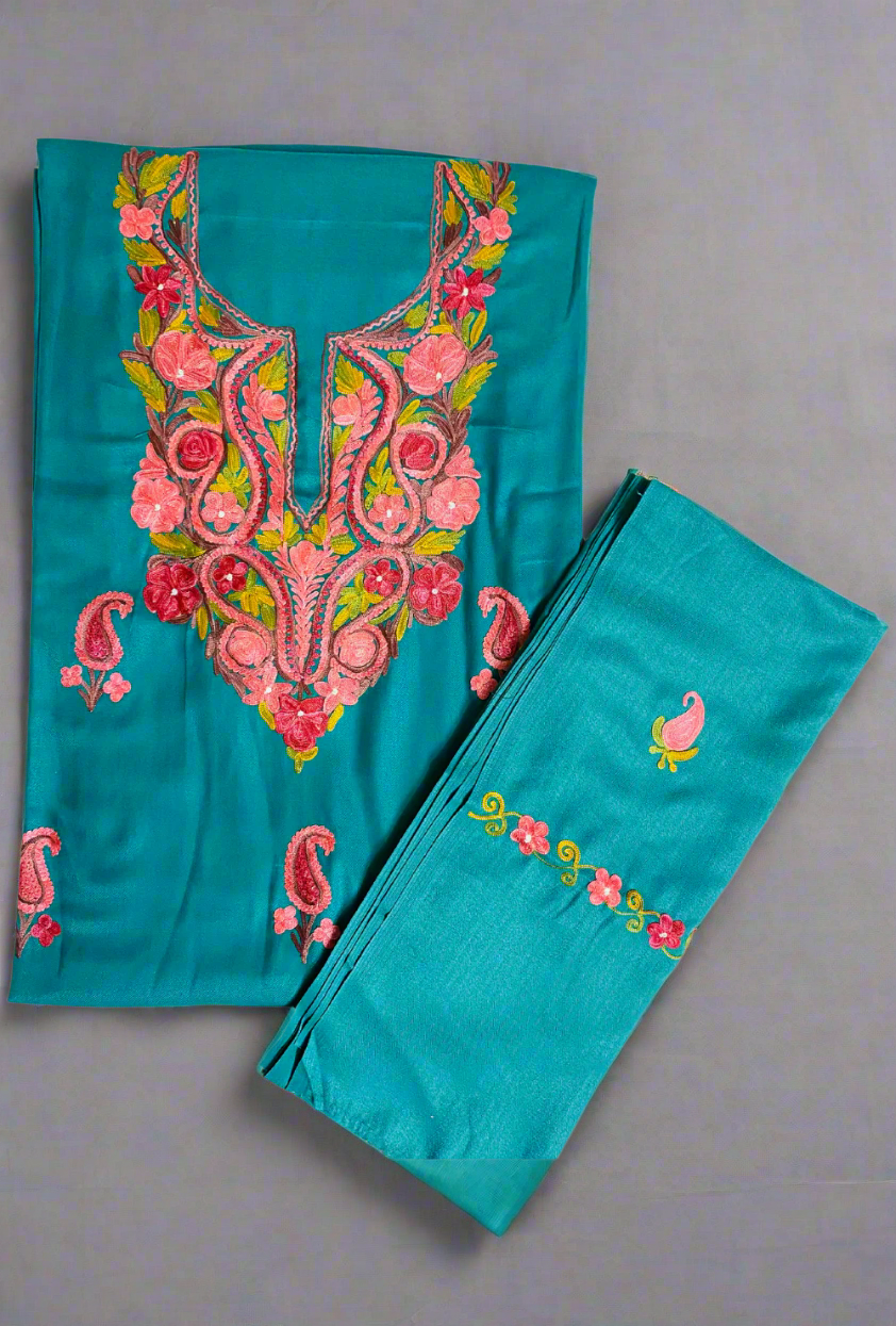 Sky Blue Semi-Pashmina Handwork Embroidery Suit Set 4.5m Suit Fabric and 2m for Dupatta