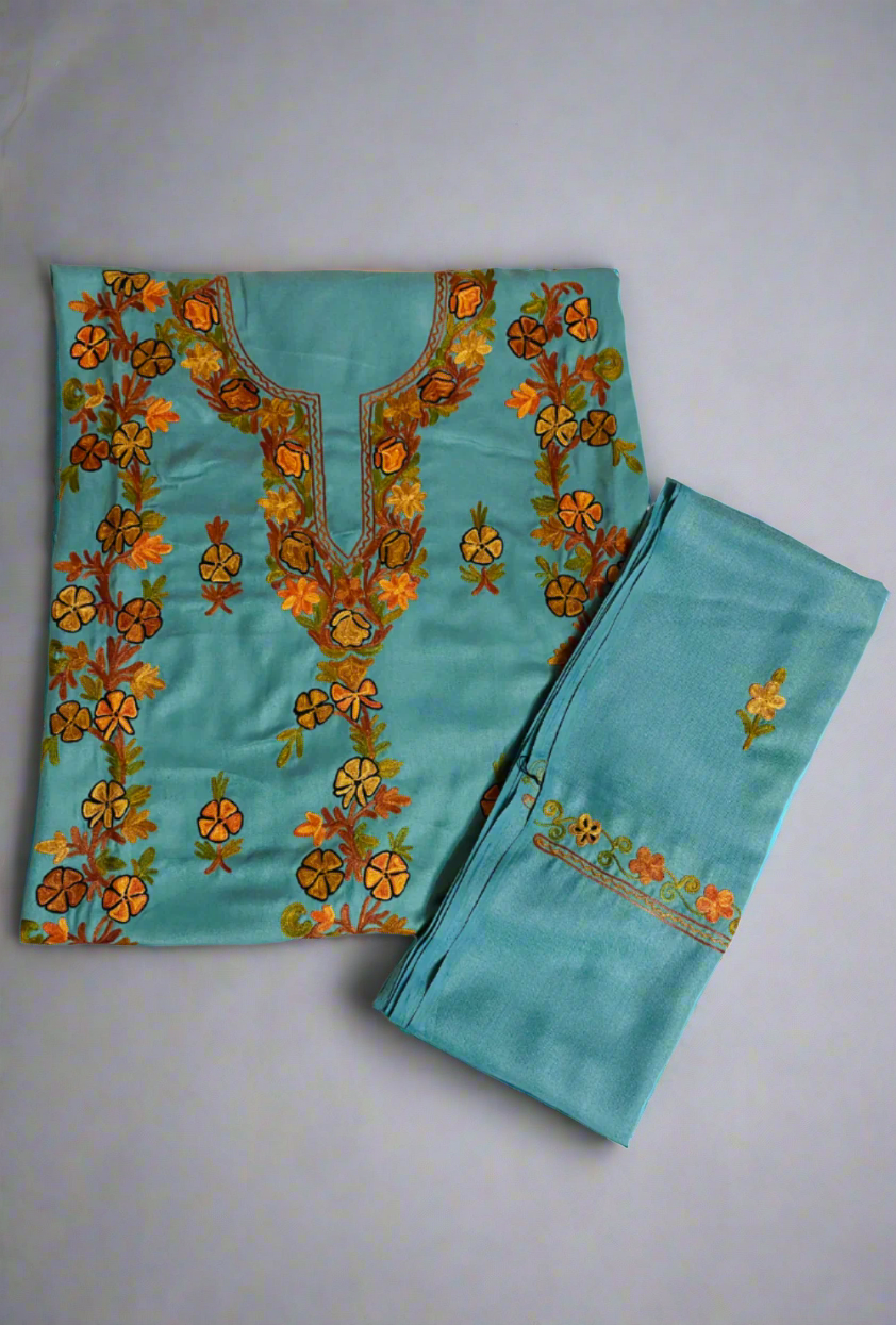 Ocean Blue Semi-Pashmina Handwork Embroidery Suit Set 4.5m Suit Fabric and 2m for Dupatta