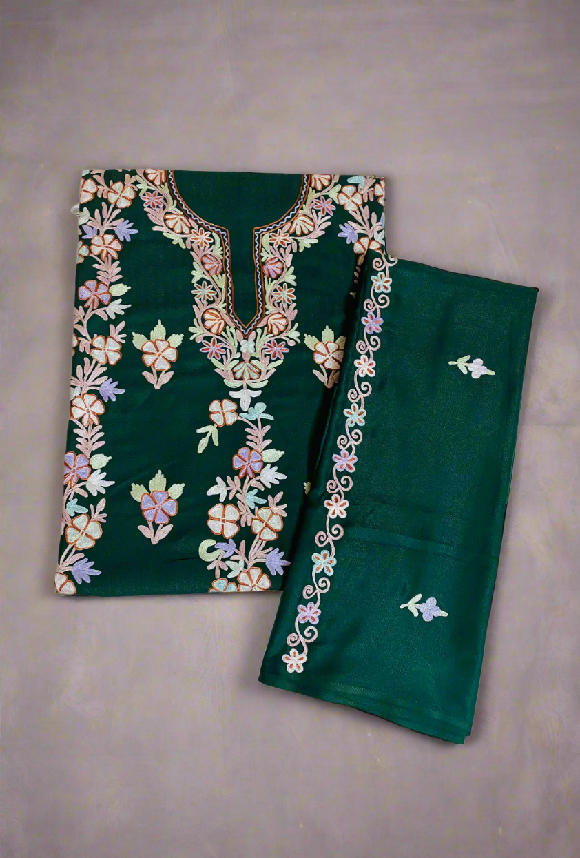 Dark Green Semi-Pashmina Handwork Embroidery Suit Set 4.5m Suit Fabric and 2m for Dupatta