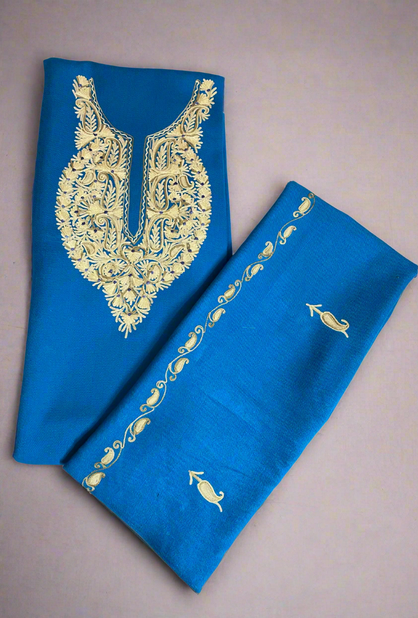 Blue Kashmiri Pure Woollen Handwork Embroidery Suit Set 4.5m Suit Fabric and 2m for Dupatta