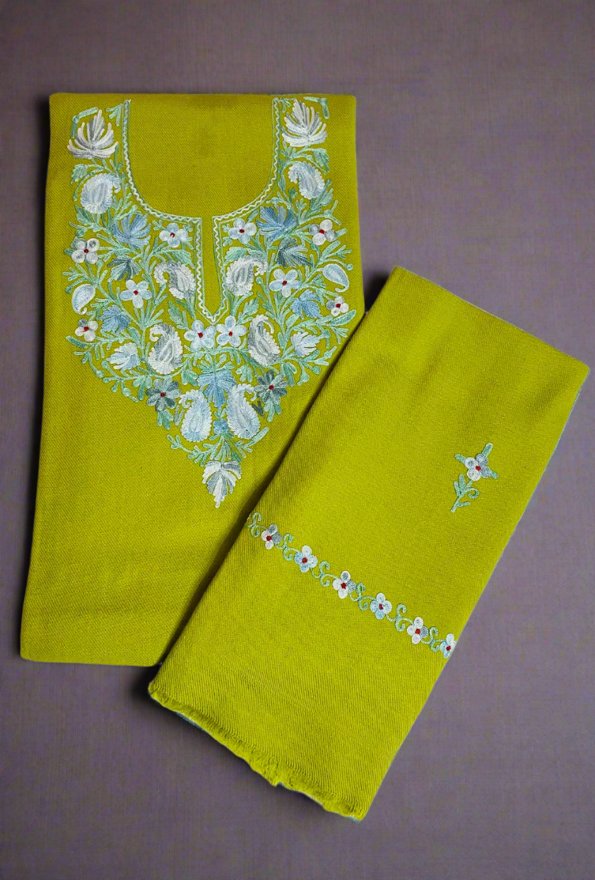 Light Green Kashmiri Pure Woollen Handwork Embroidery Suit Set 4.5m Suit Fabric and 2m for Dupatta