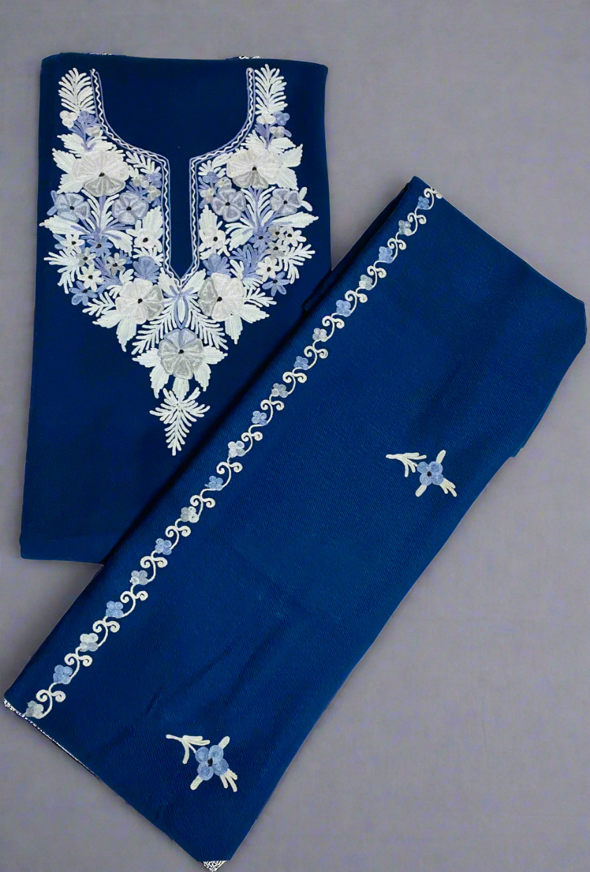 Navy Blue Kashmiri Pure Woollen Handwork Embroidery Suit Set 4.5m Suit Fabric and 2m for Dupatta