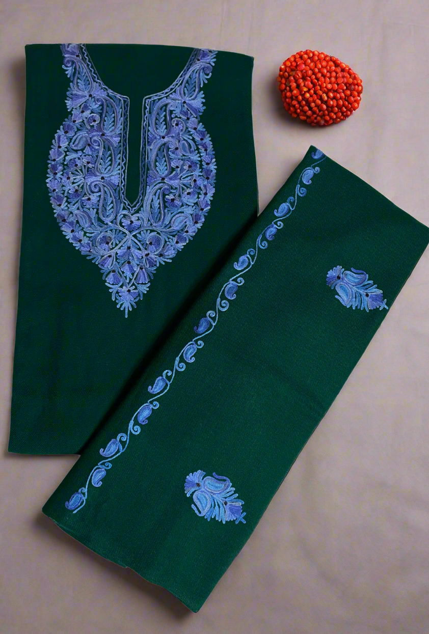 Dark Green Kashmiri Pure Woollen Handwork Embroidery Suit Set 4.5m Suit Fabric and 2m for Dupatta