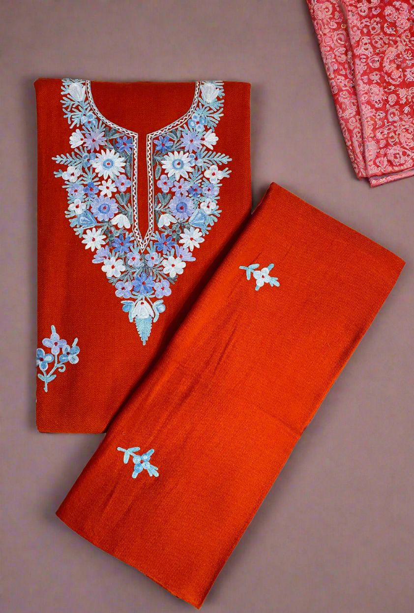 Light Red Kashmiri Pure Woollen Handwork Embroidery Suit Set 4.5m Suit Fabric and 2m for Dupatta