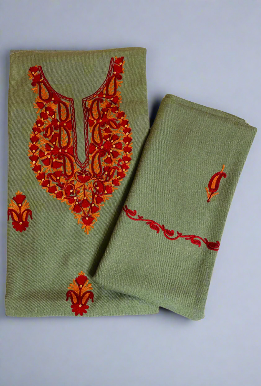 Kashmiri Pure Woollen Handwork Embroidery Suit Set 4.5m Suit Fabric and 2m for Dupatta