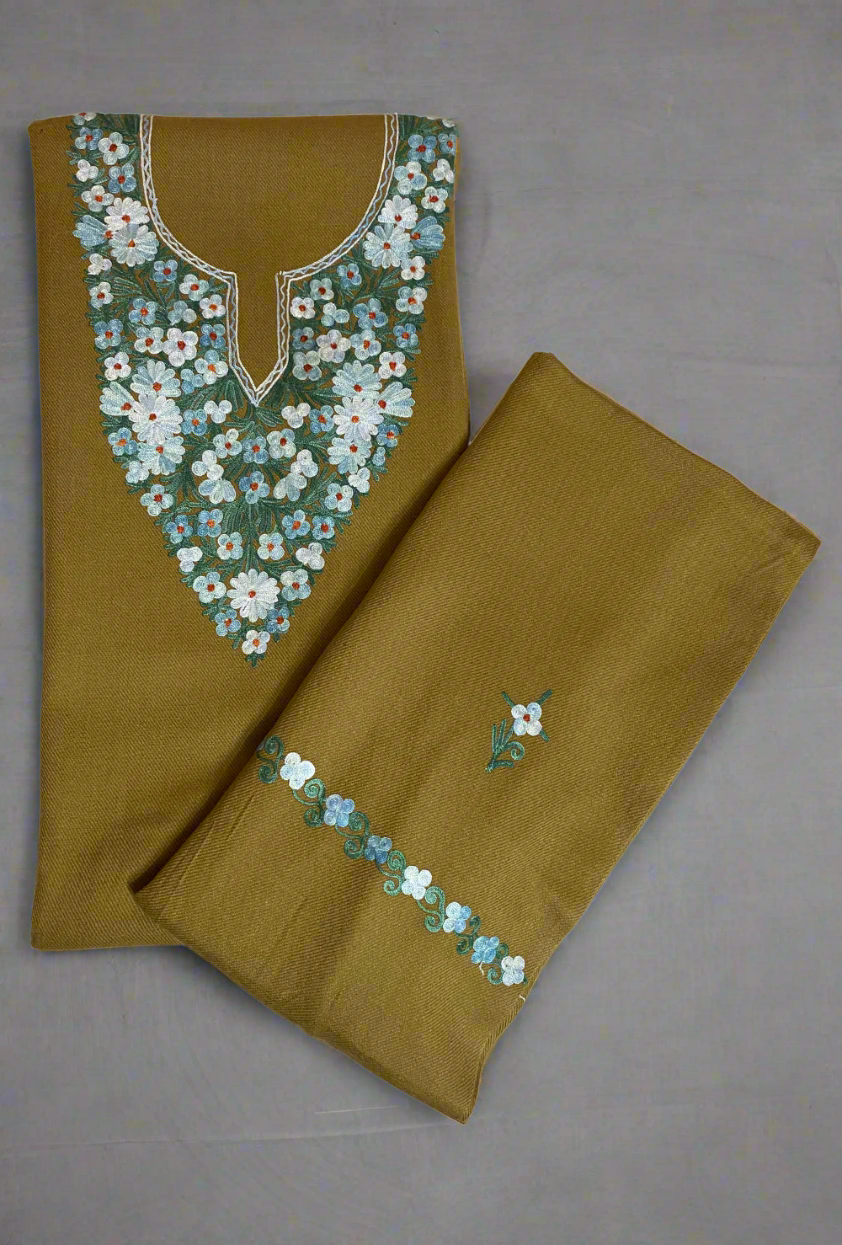 Brown Kashmiri Pure Woollen Handwork Embroidery Suit Set 4.5m Suit Fabric and 2m for Dupatta