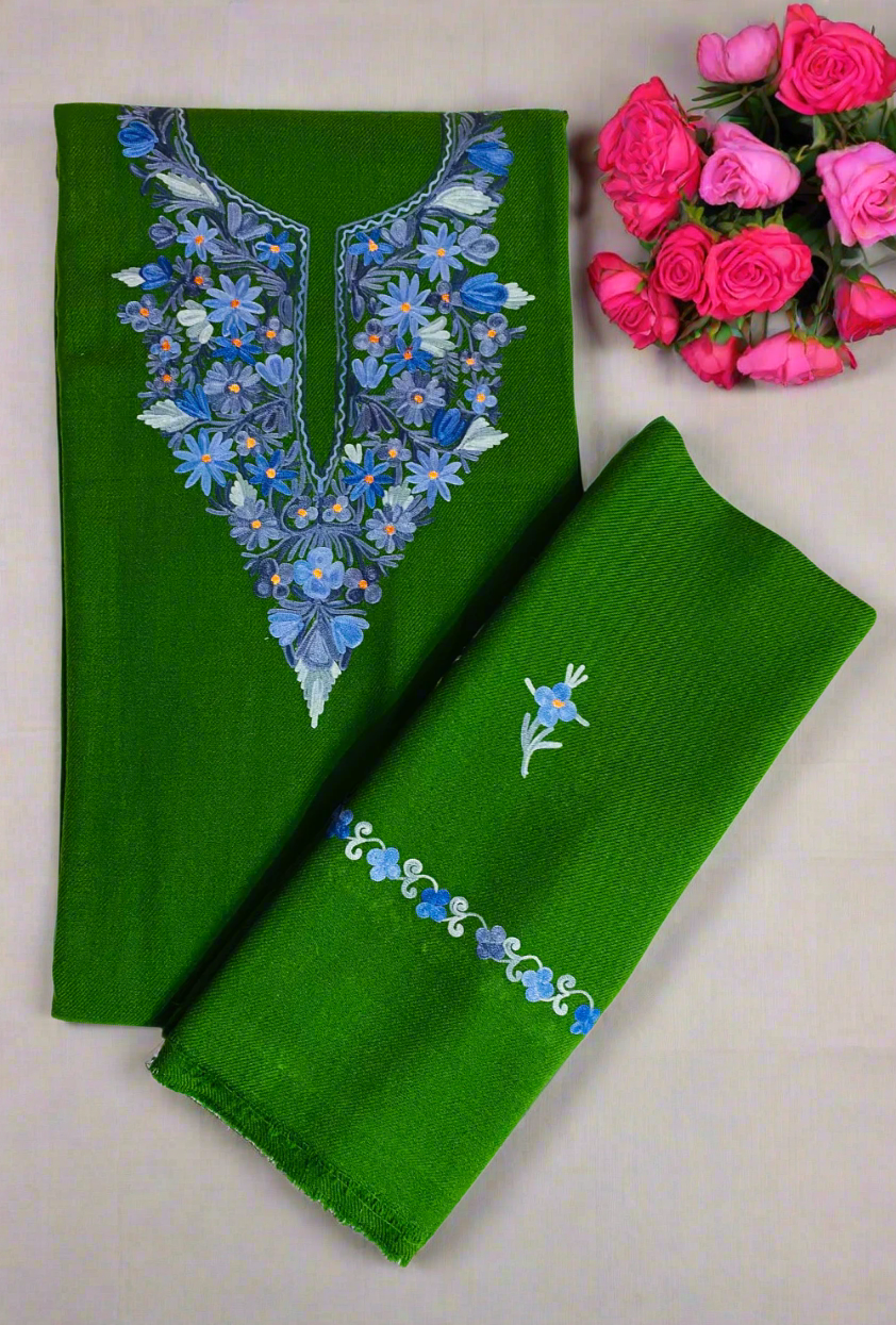 Green Kashmiri Pure Woollen Handwork Embroidery Suit Set 4.5m Suit Fabric and 2m for Dupatta