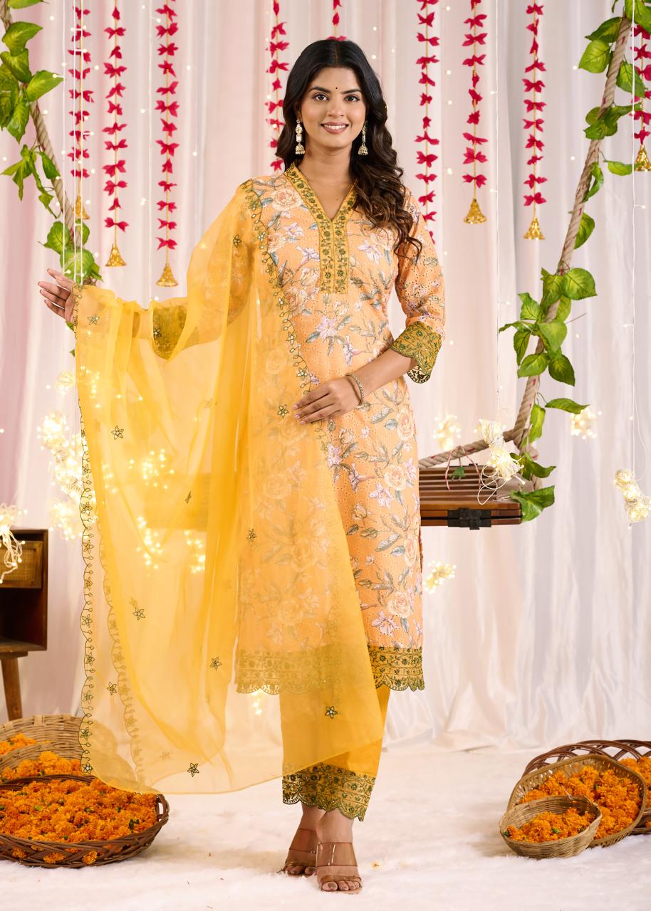 YELLOW COLOURED SCHIFFLI COTTON EMBROIDERY SUIT SET