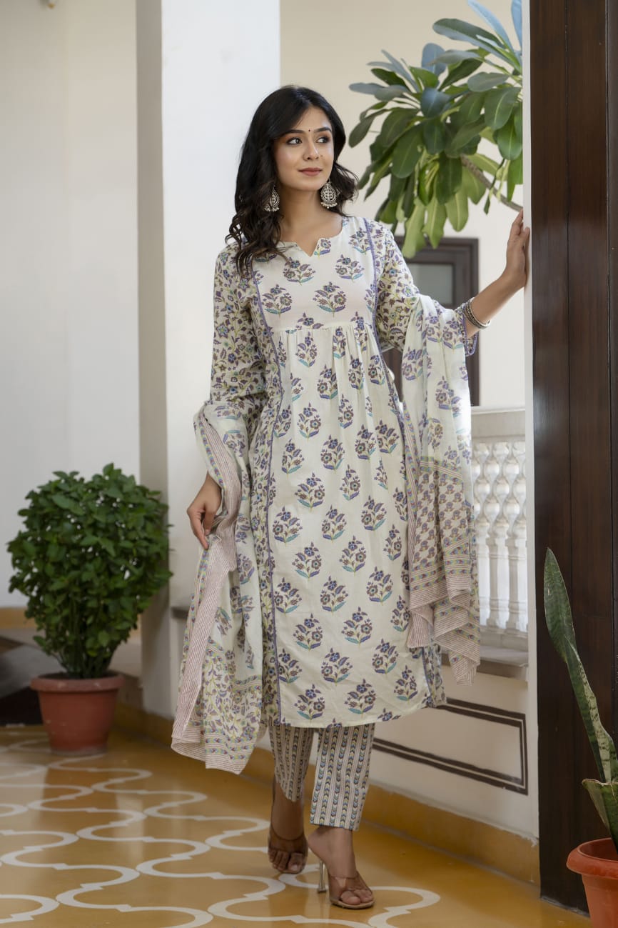 WHITE FLORAL COLOURED PURE COTTON EMBROIDERY SUIT SET