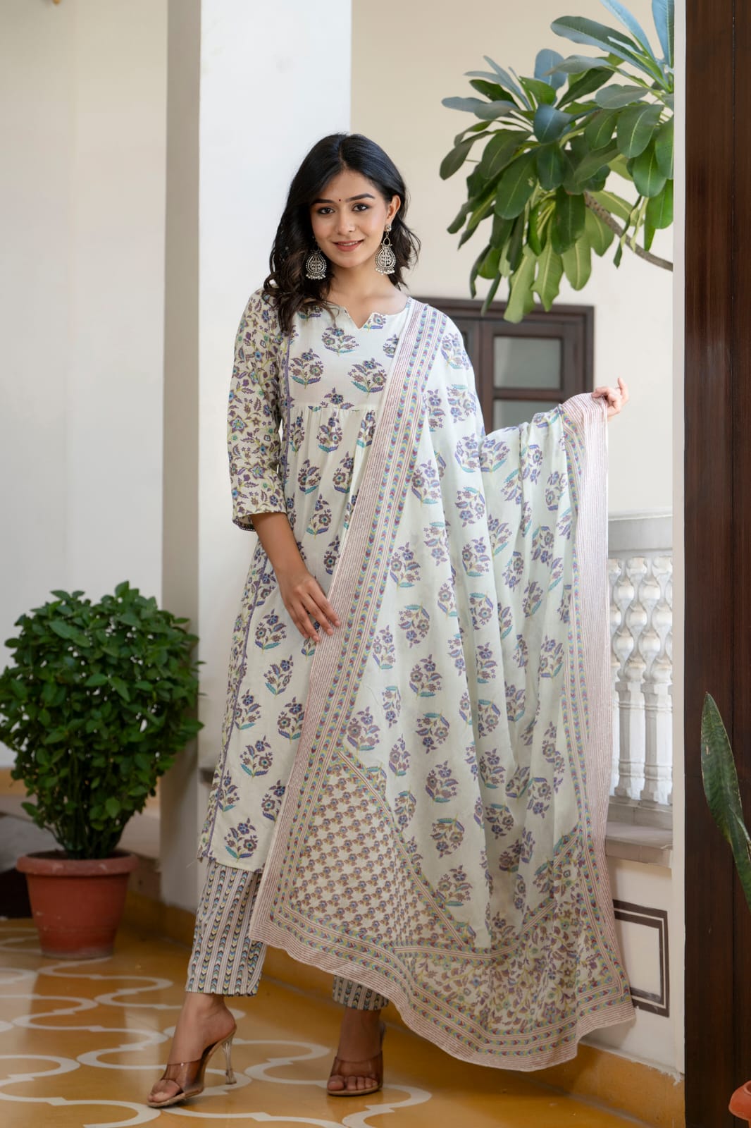 WHITE FLORAL COLOURED PURE COTTON EMBROIDERY SUIT SET