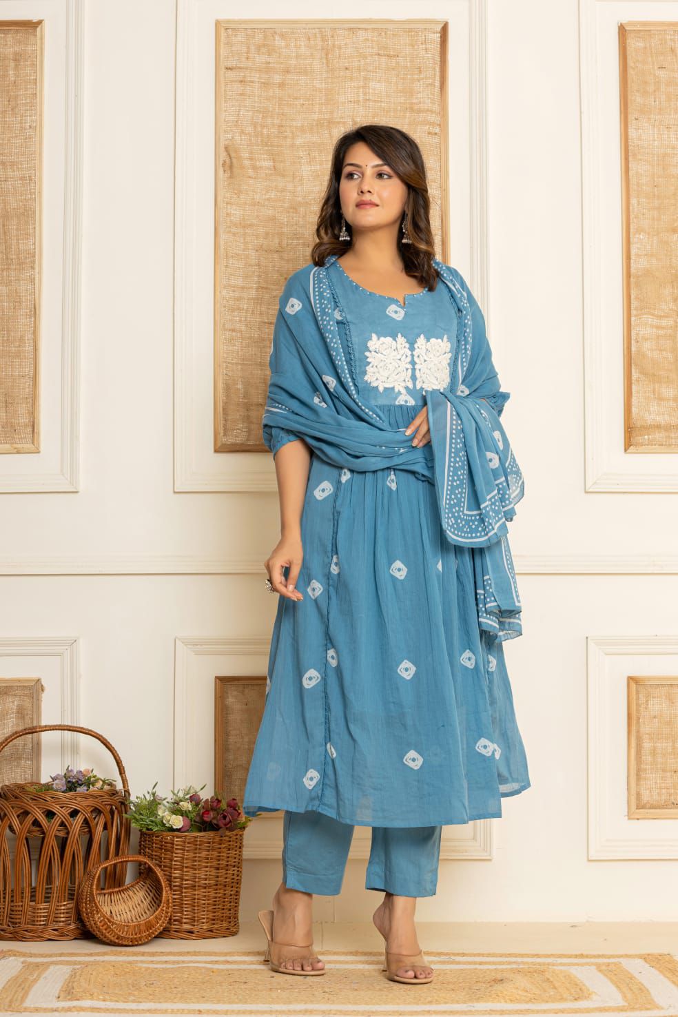 SKY BLUE COLOURED MULMUL COTTON EMBROIDERY SUIT SET