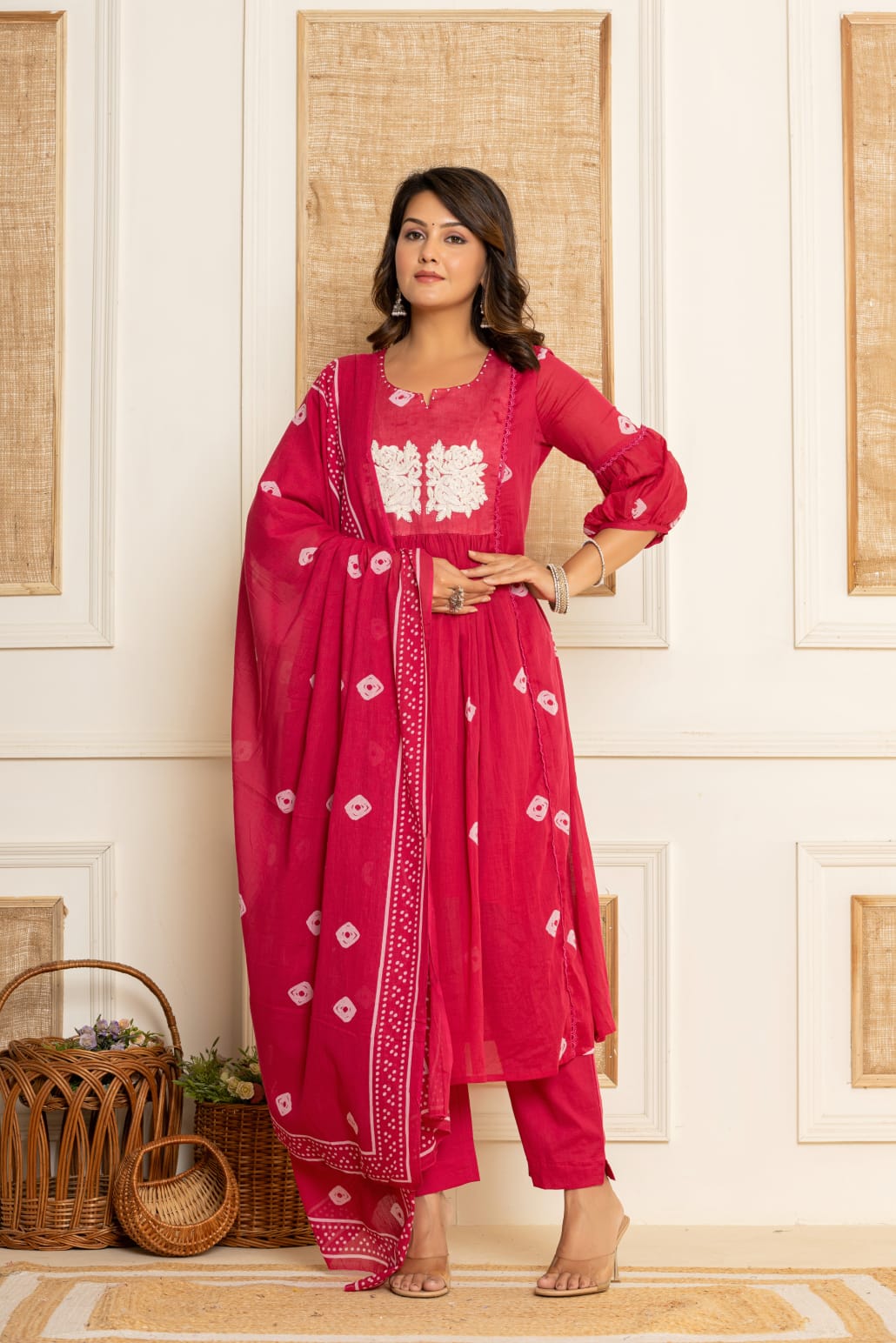 RANI PINK COLOURED MULMUL COTTON EMBROIDERY SUIT SET