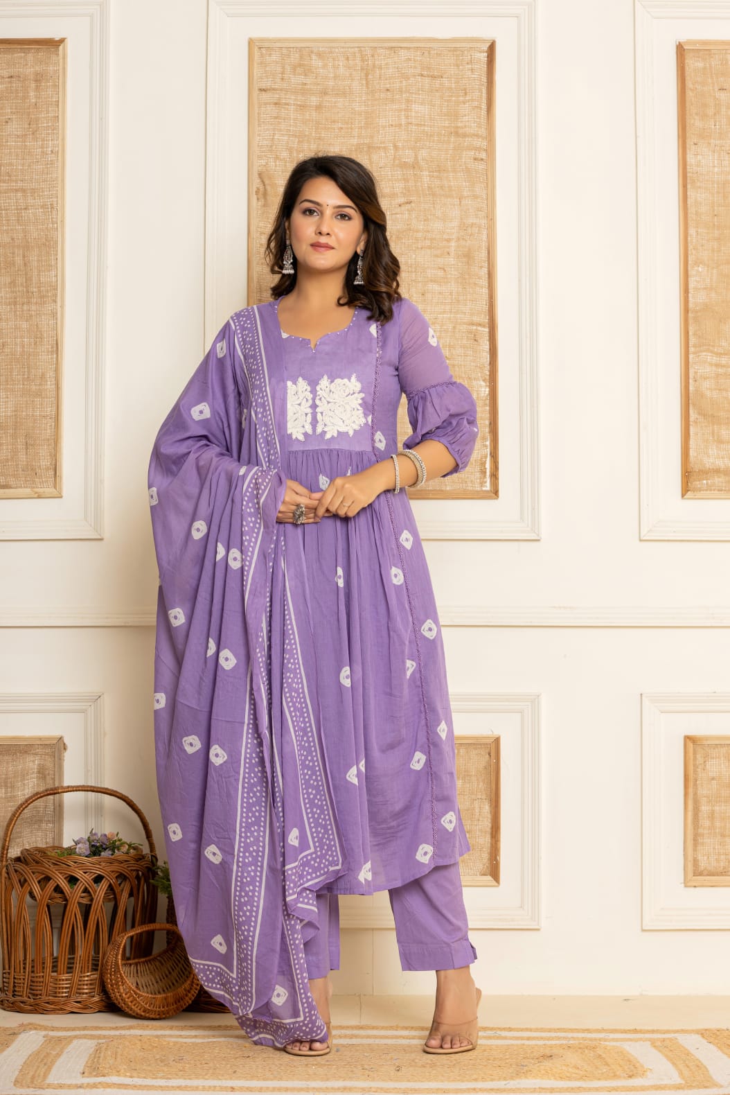 PURPLE MULMUL COTTON EMBROIDERY SUIT SET