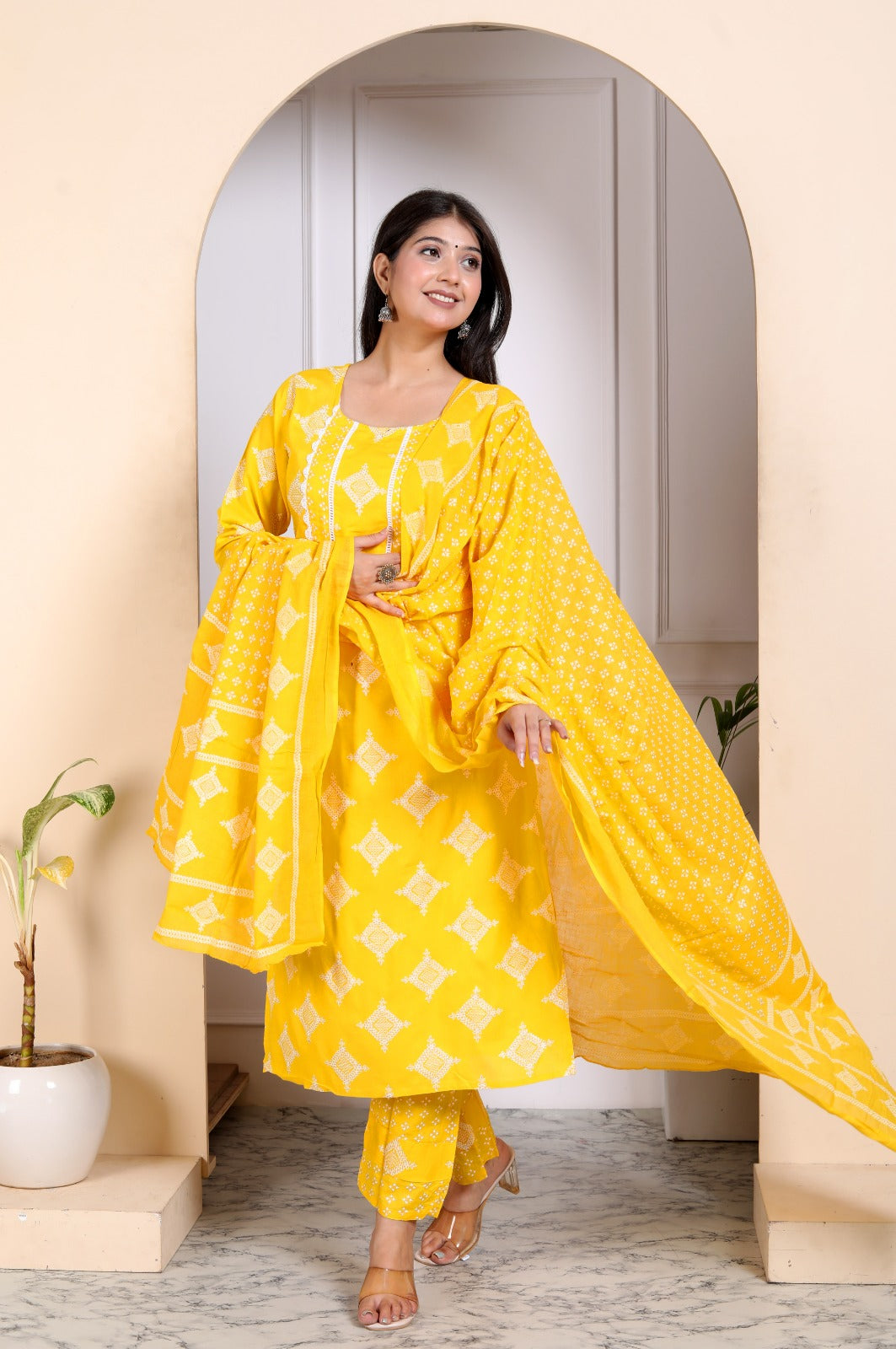 YELLOW COLOURED KHADI PRINTED RAYON SUIT SET