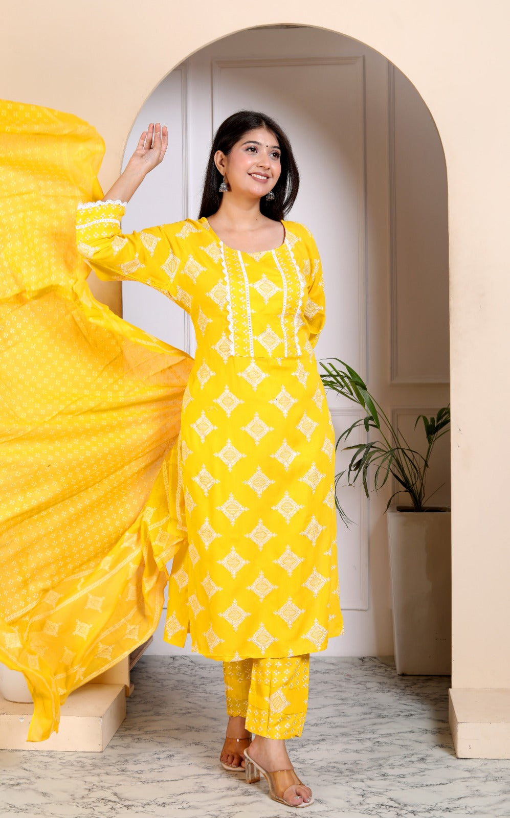 YELLOW COLOURED KHADI PRINTED RAYON SUIT SET