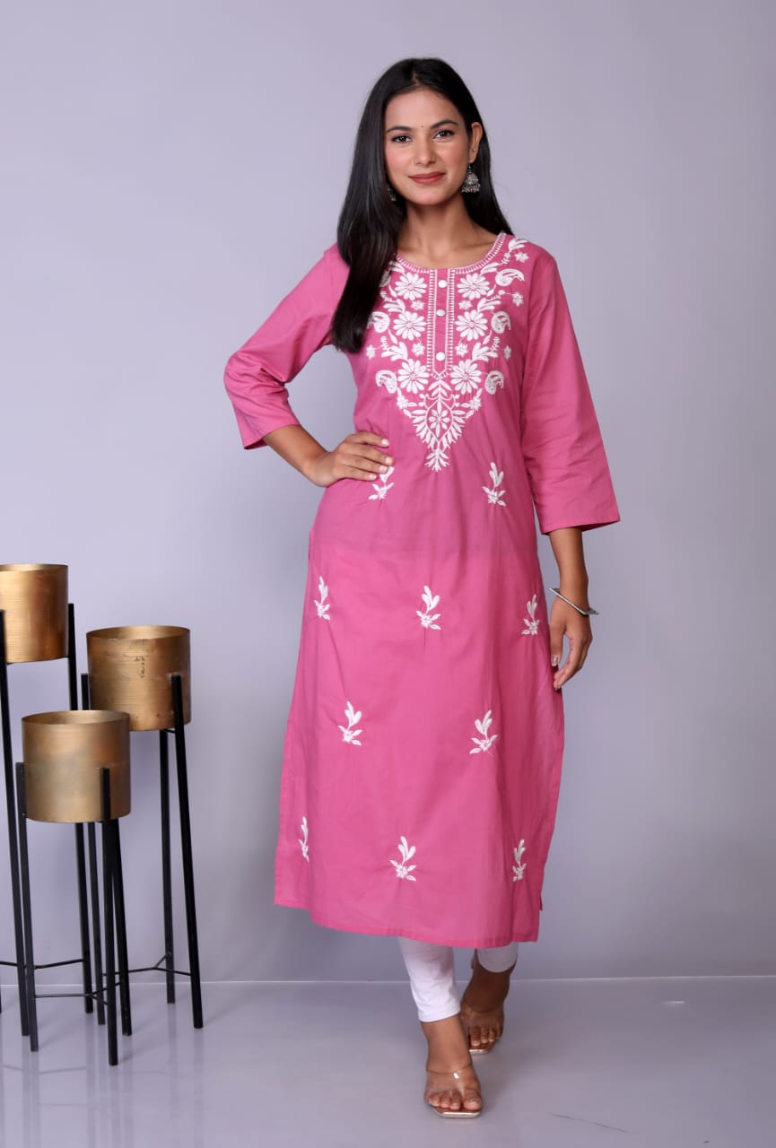 Pink Lucknowi Straight Work Kurti