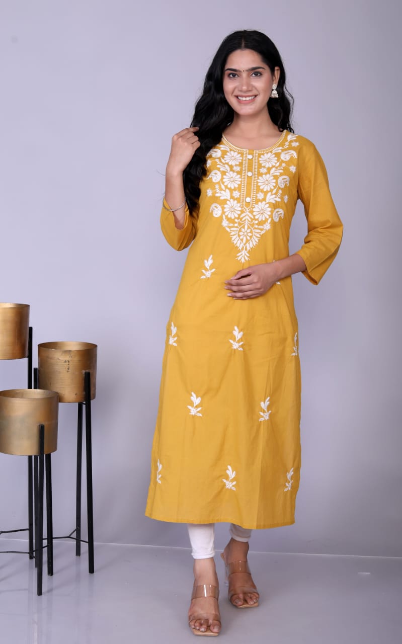 Yellow Colour Lucknowi Straight Work Kurti