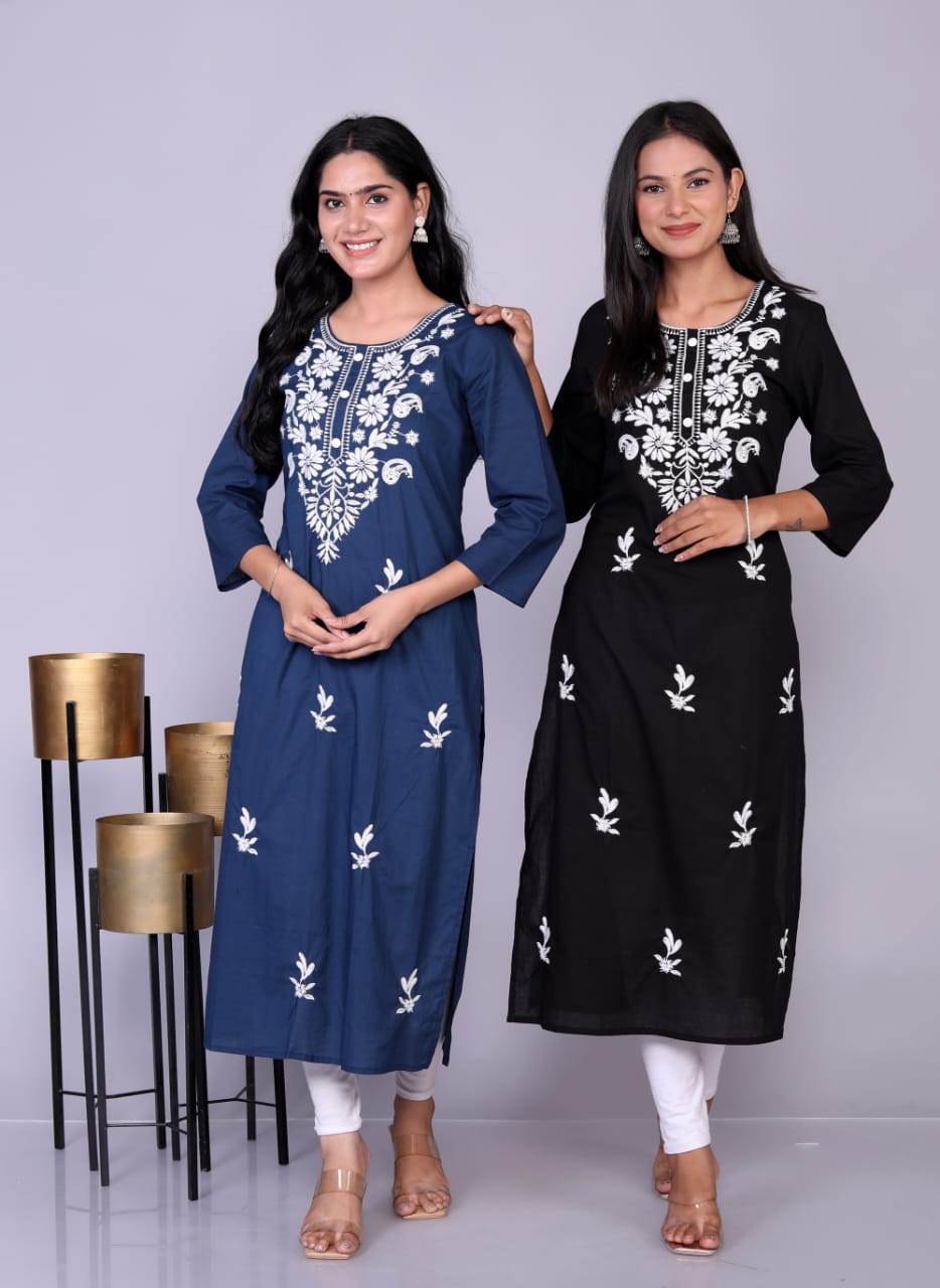 Black & Blue Colour Lucknowi Straight Work Kurti