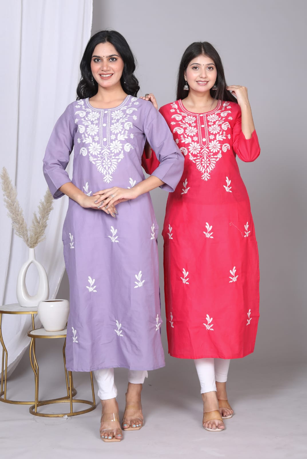 Pink Color Lucknowi Straight Work Kurti