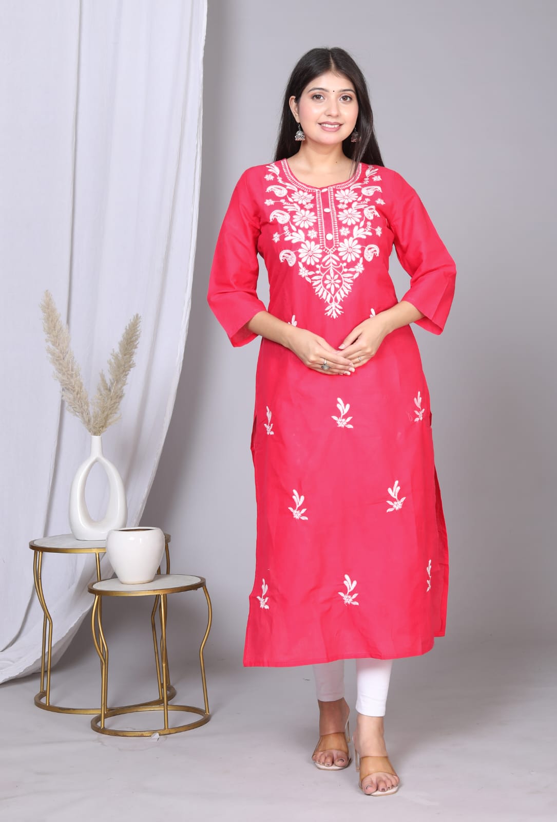 Pink Color Lucknowi Straight Work Kurti