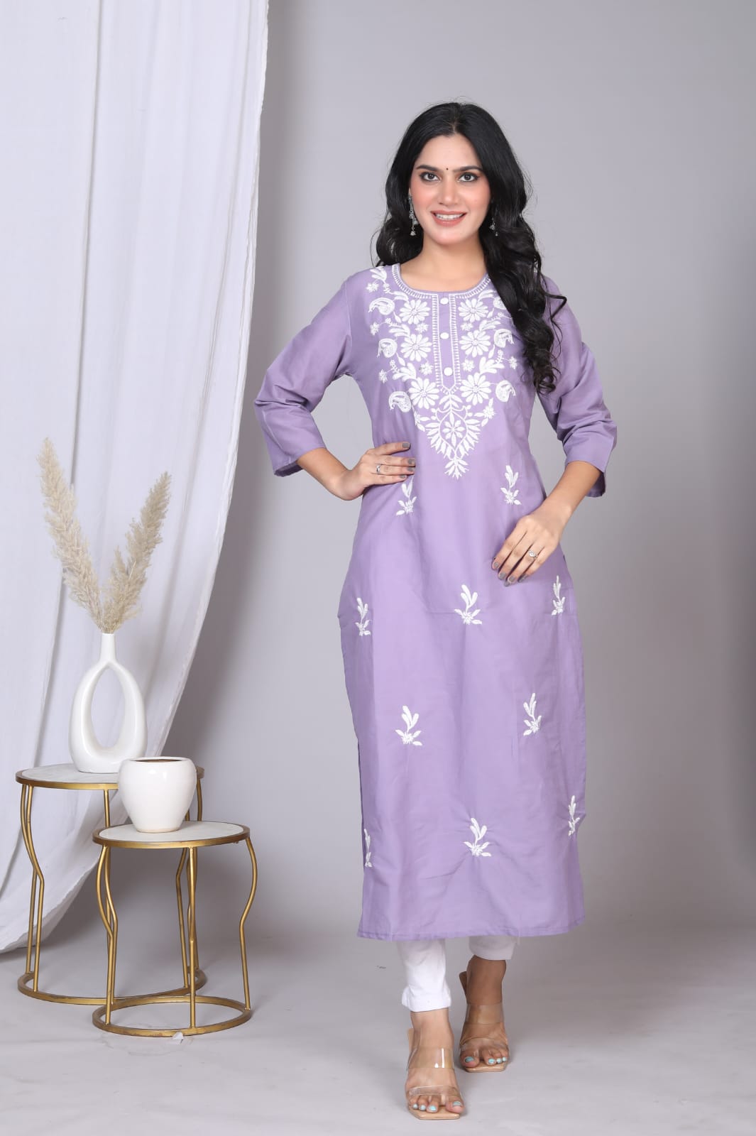 Light Purple Lucknowi Straight Work Kurti