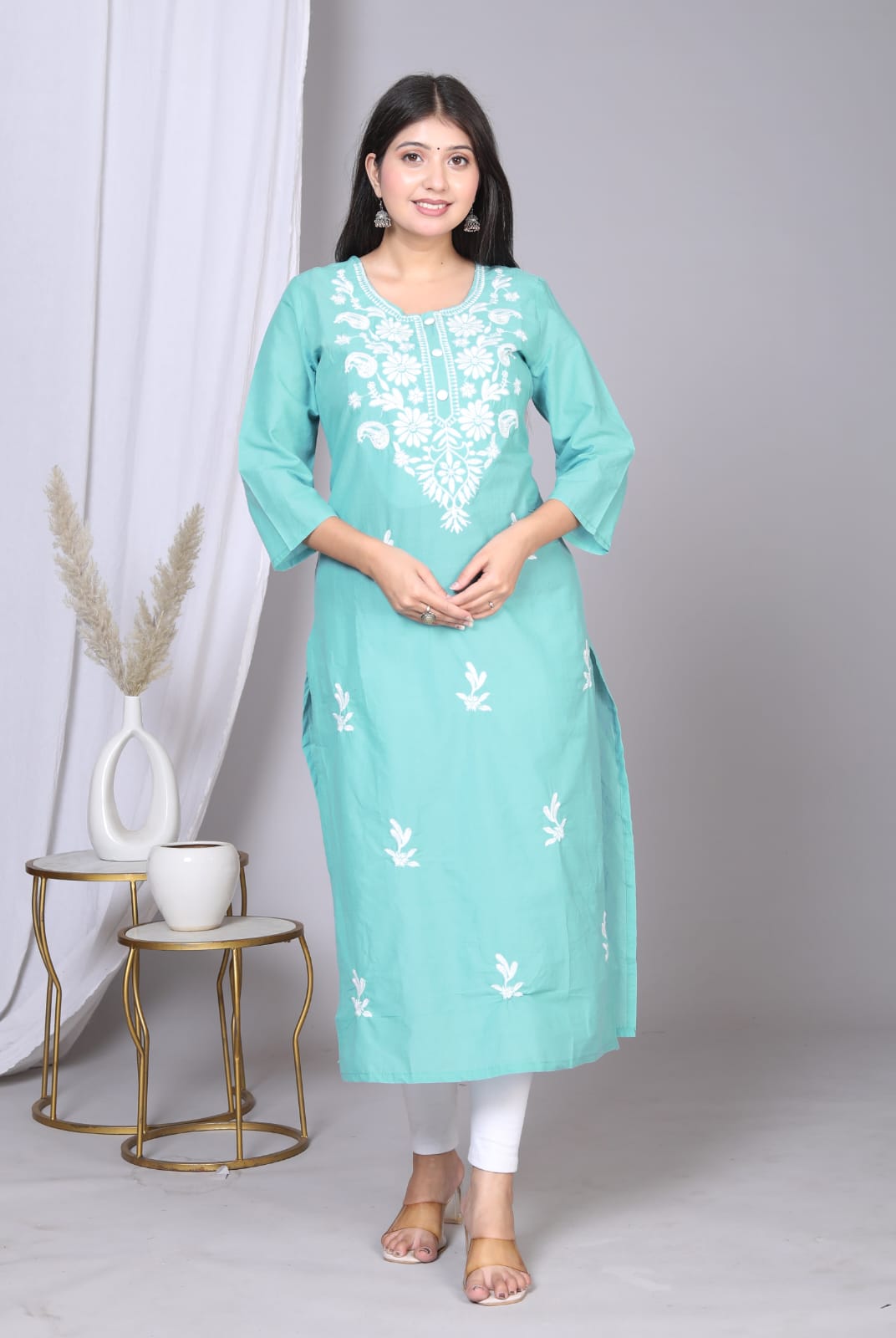 SKY BLUE LUCKNOWI STRAIGHT WORK KURTI